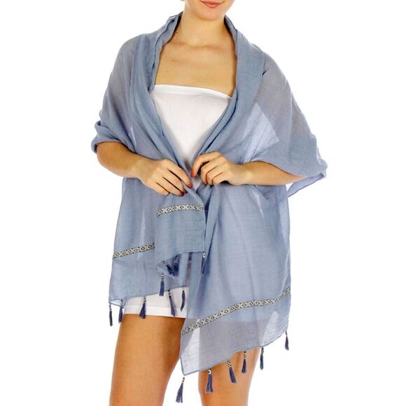 NWT Feria Mode Lightweight Aztec Insert Trim Tasseled Scarf Shawl Wrap Cover-Up - Picture 2 of 5